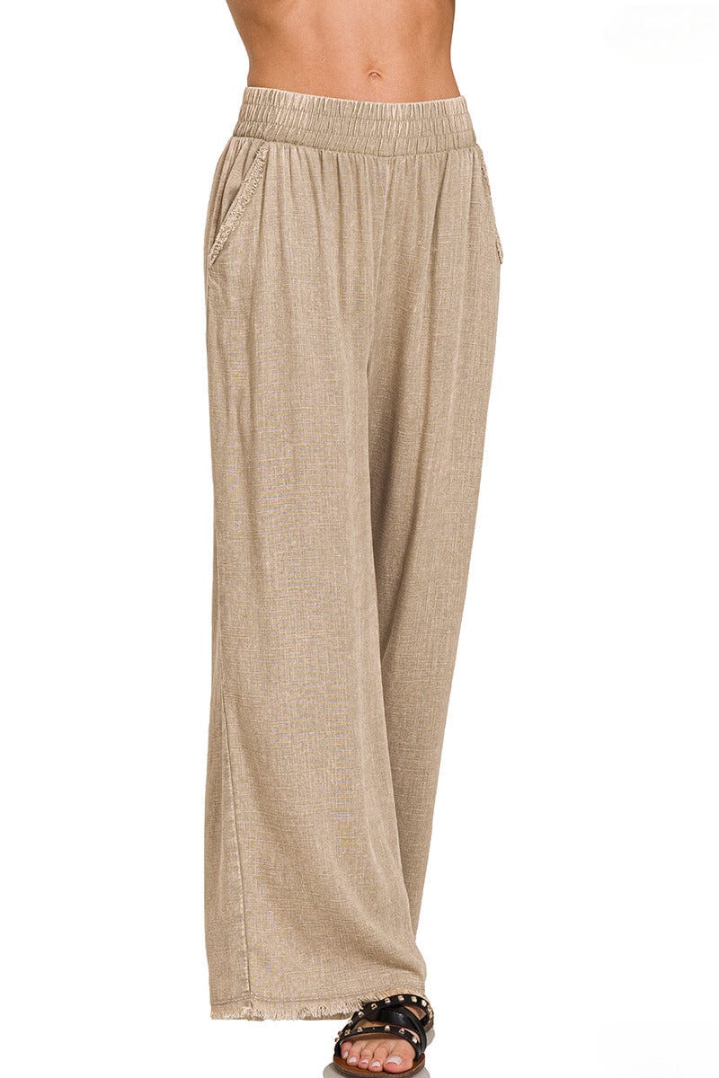 Zenana Washed Linen Frayed Hem Elastic Waistband Pants