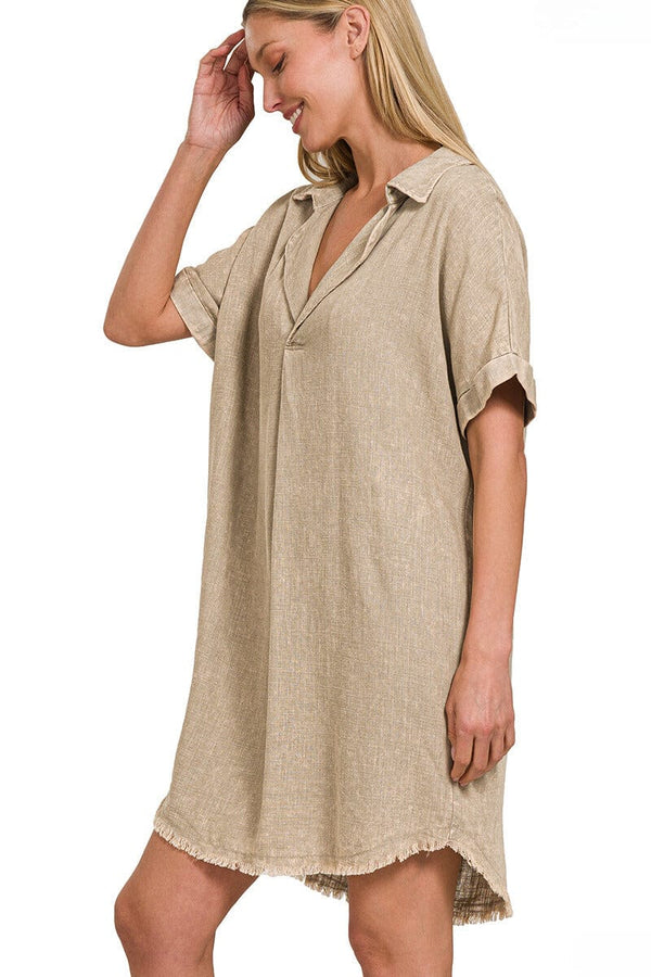 Zenana Washed Linen Raw Edge V-Neck Dress