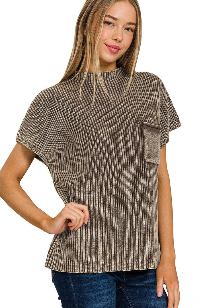 Zenana Washed Mock Neck Short Sleeve Front Pocket Sweater