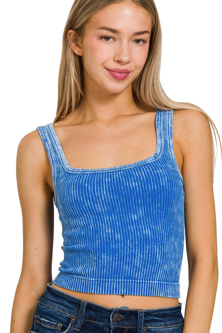 Zenana Washed Ribbed Cropped Tank Top with 2-Way Neckline
