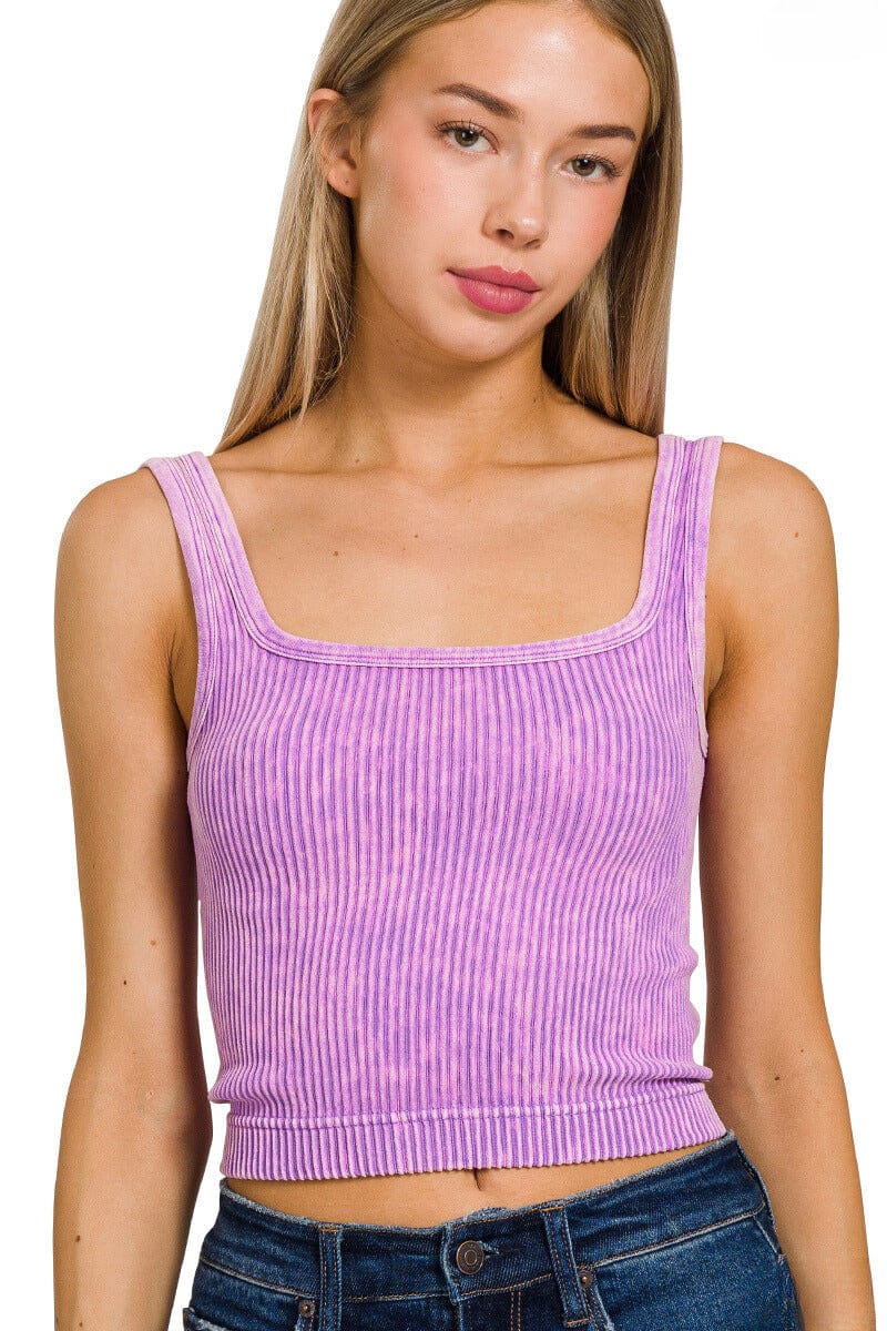 Zenana Washed Ribbed Cropped Tank Top with 2-Way Neckline