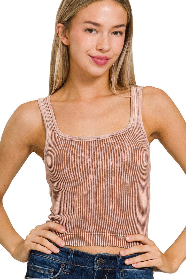 Zenana Washed Ribbed Cropped Tank Top with 2-Way Neckline