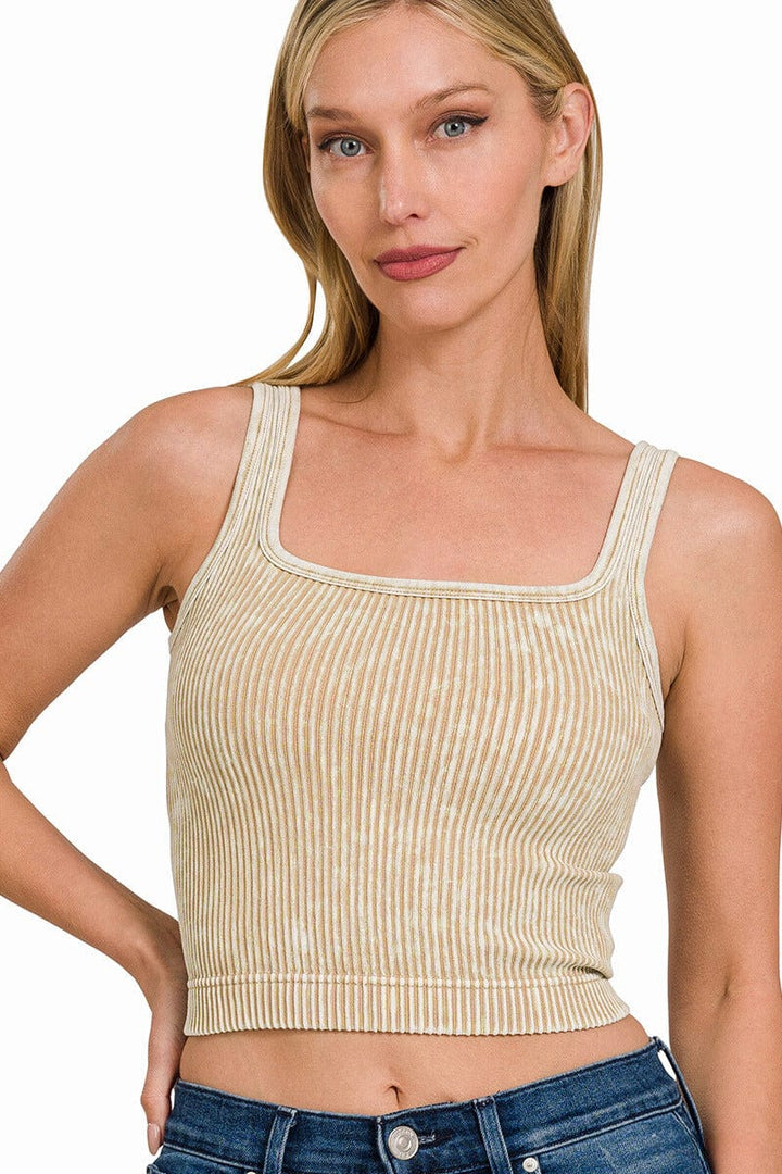 Zenana Washed Ribbed Cropped Tank Top with 2-Way Neckline