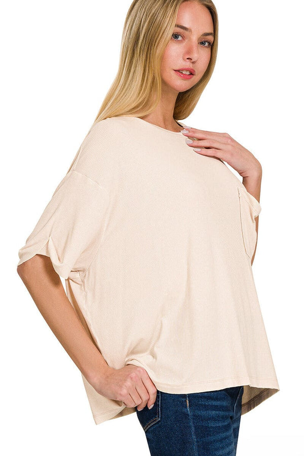 Zenana Washed Ribbed Cuffed Short Sleeve Round Neck Top