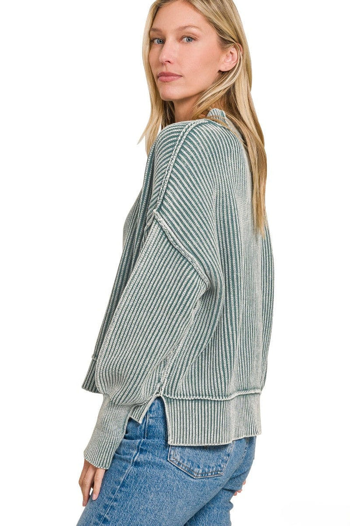 Zenana Washed Side Slit Oversized Cropped Ribbed Sweater