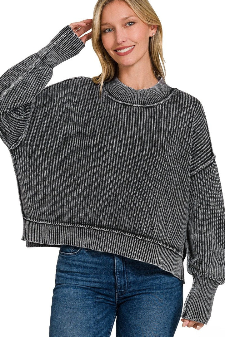 Zenana Washed Side Slit Oversized Cropped Ribbed Sweater