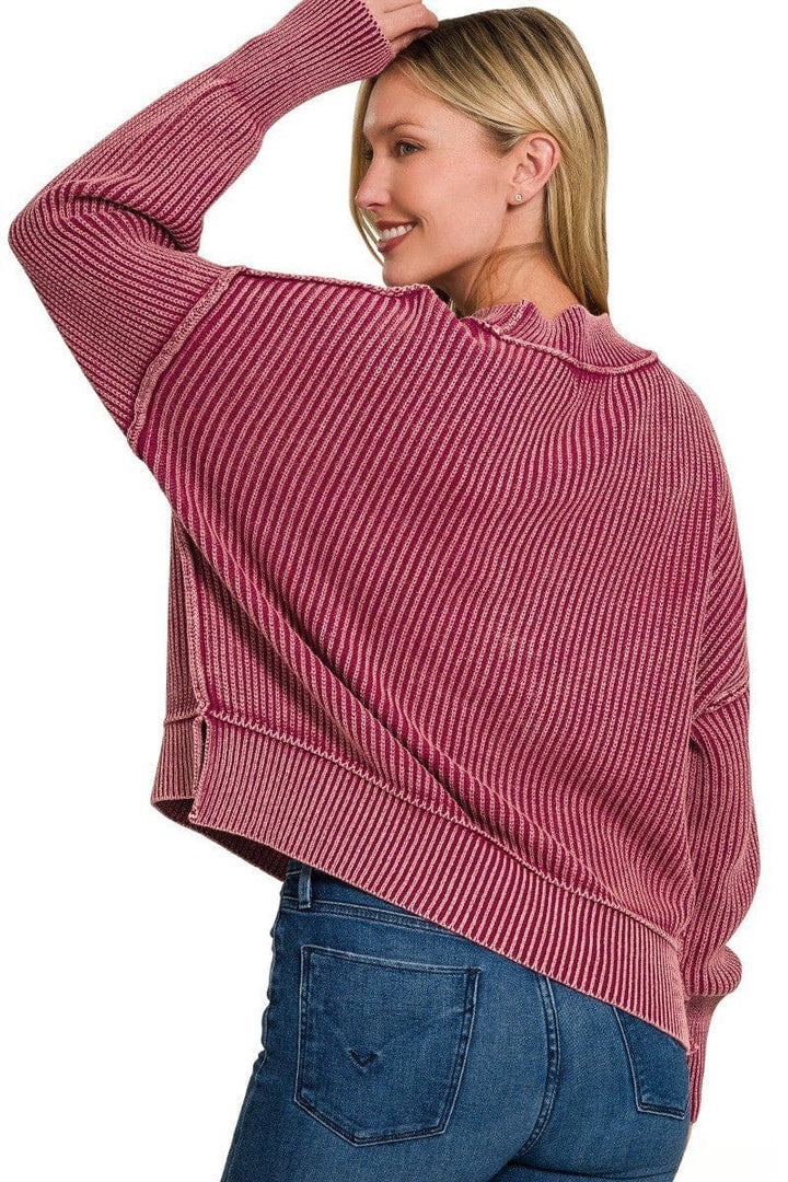 Zenana Washed Side Slit Oversized Cropped Ribbed Sweater