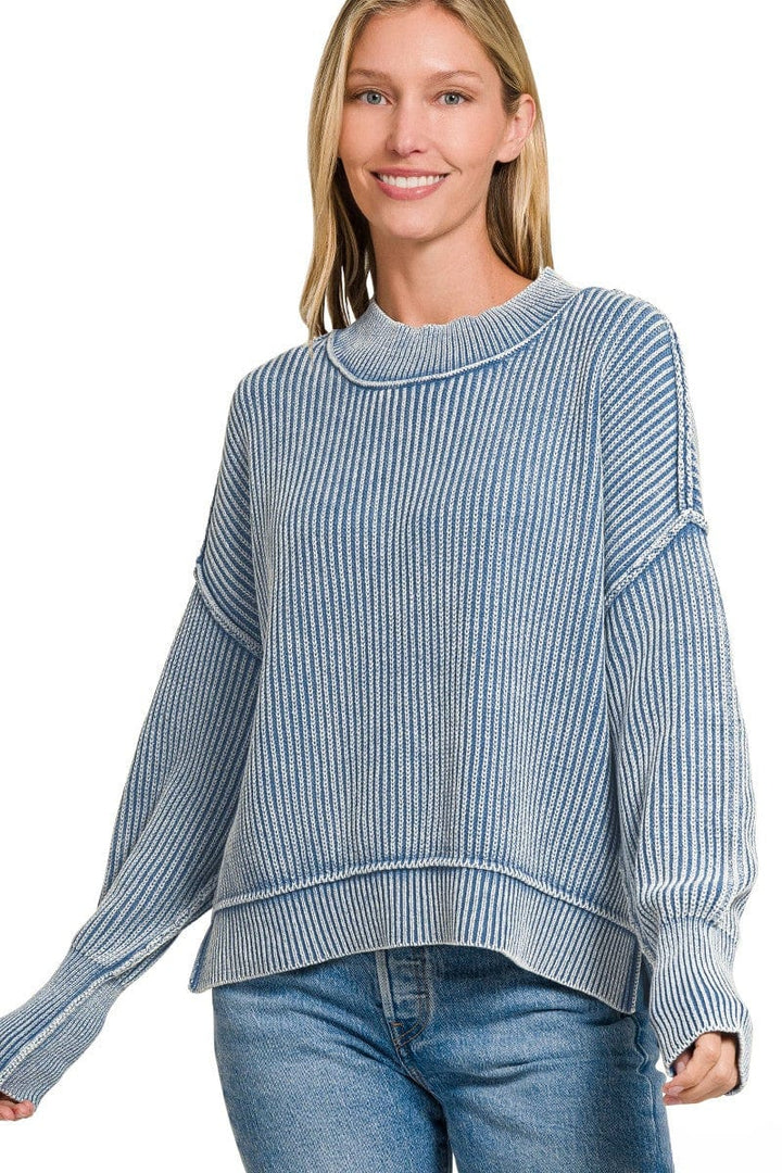 Zenana Washed Side Slit Oversized Cropped Ribbed Sweater