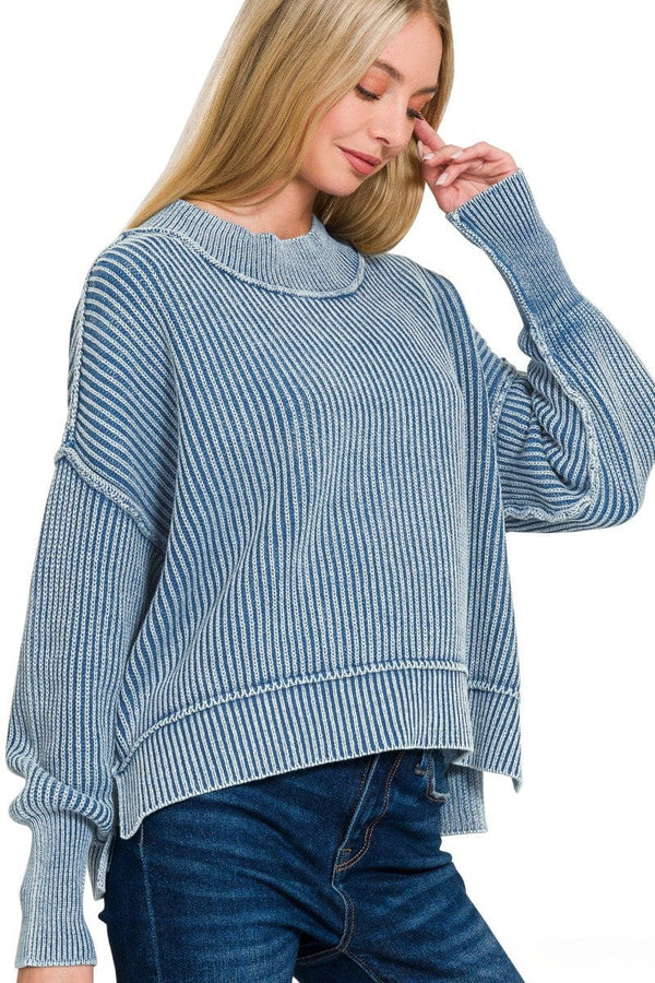 Zenana Washed Side Slit Oversized Cropped Ribbed Sweater