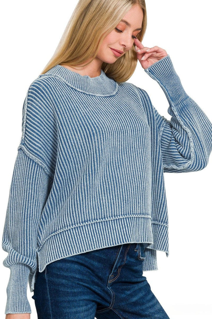 Zenana Washed Side Slit Oversized Cropped Ribbed Sweater