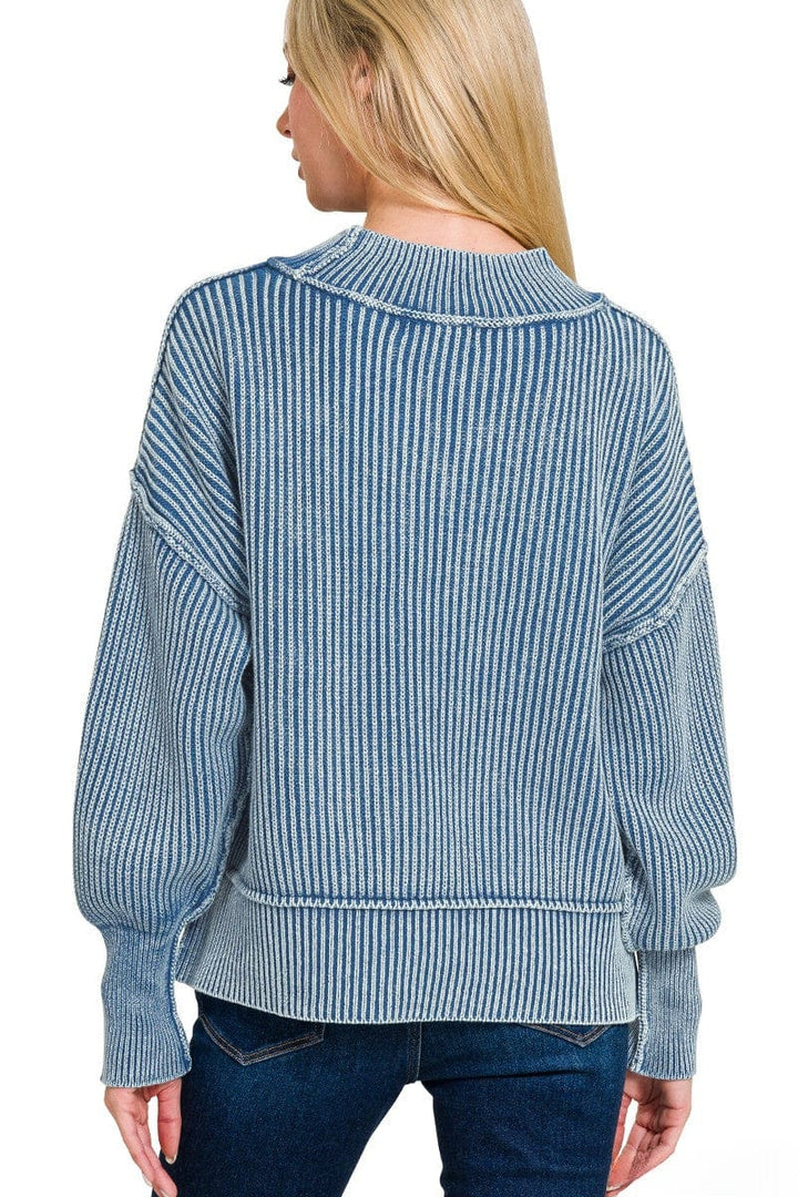 Zenana Washed Side Slit Oversized Cropped Ribbed Sweater