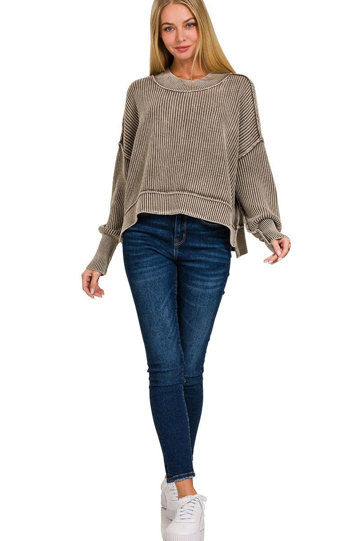 Zenana Washed Side Slit Oversized Cropped Ribbed Sweater