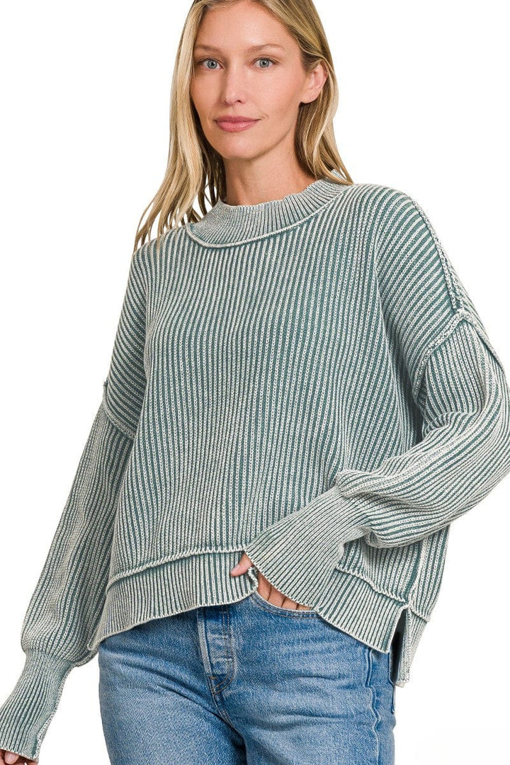 Zenana Washed Side Slit Oversized Cropped Ribbed Sweater