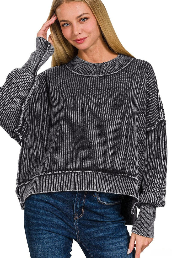 Zenana Washed Side Slit Oversized Cropped Ribbed Sweater