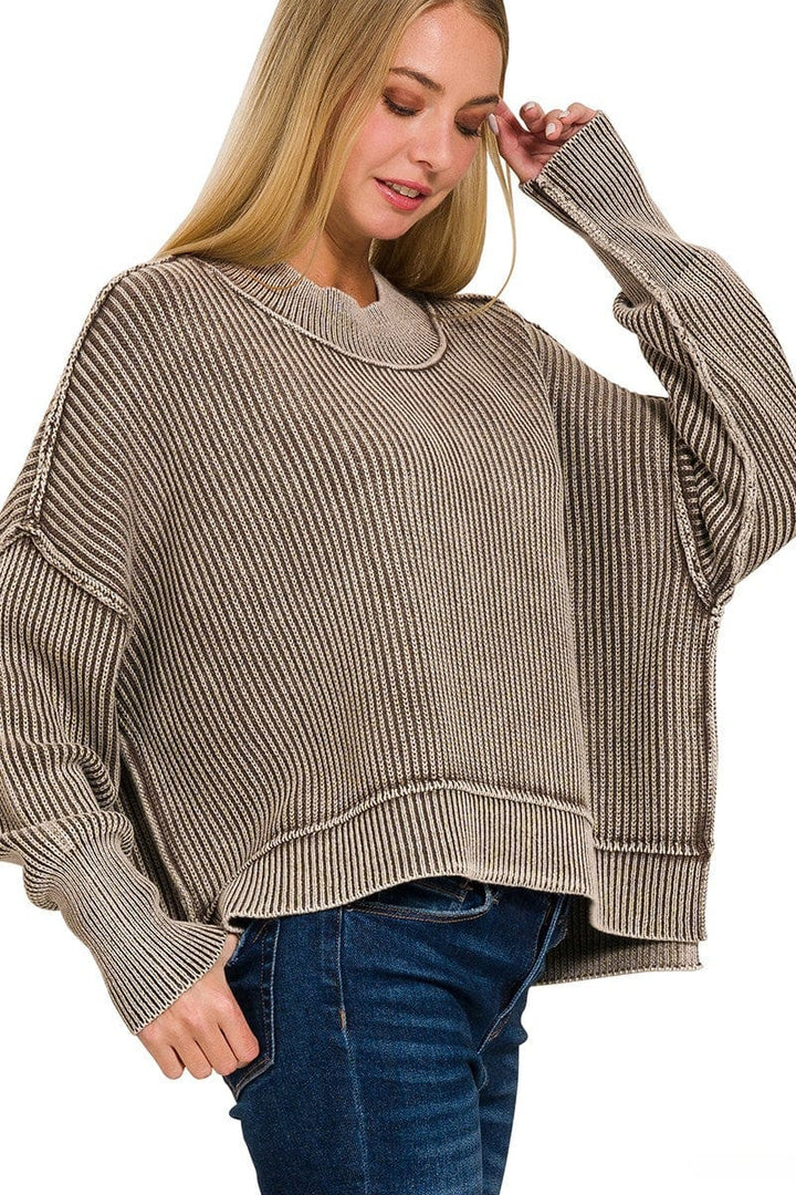 Zenana Washed Side Slit Oversized Cropped Ribbed Sweater