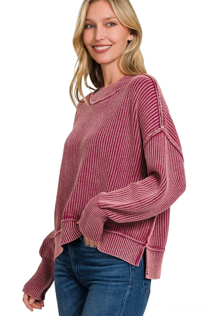 Zenana Washed Side Slit Oversized Cropped Ribbed Sweater