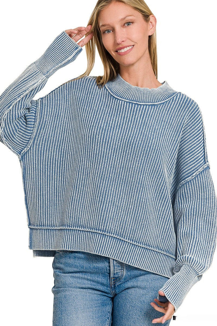 Zenana Washed Side Slit Oversized Cropped Ribbed Sweater
