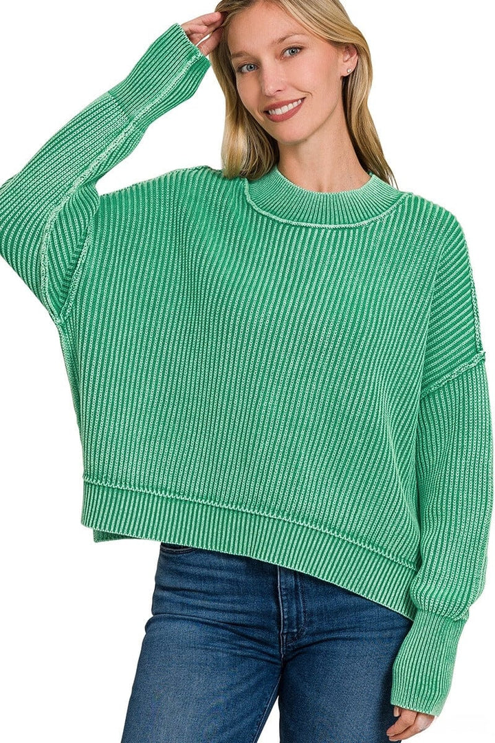 Zenana Washed Side Slit Oversized Cropped Ribbed Sweater