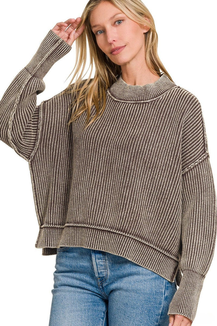 Zenana Washed Side Slit Oversized Cropped Ribbed Sweater