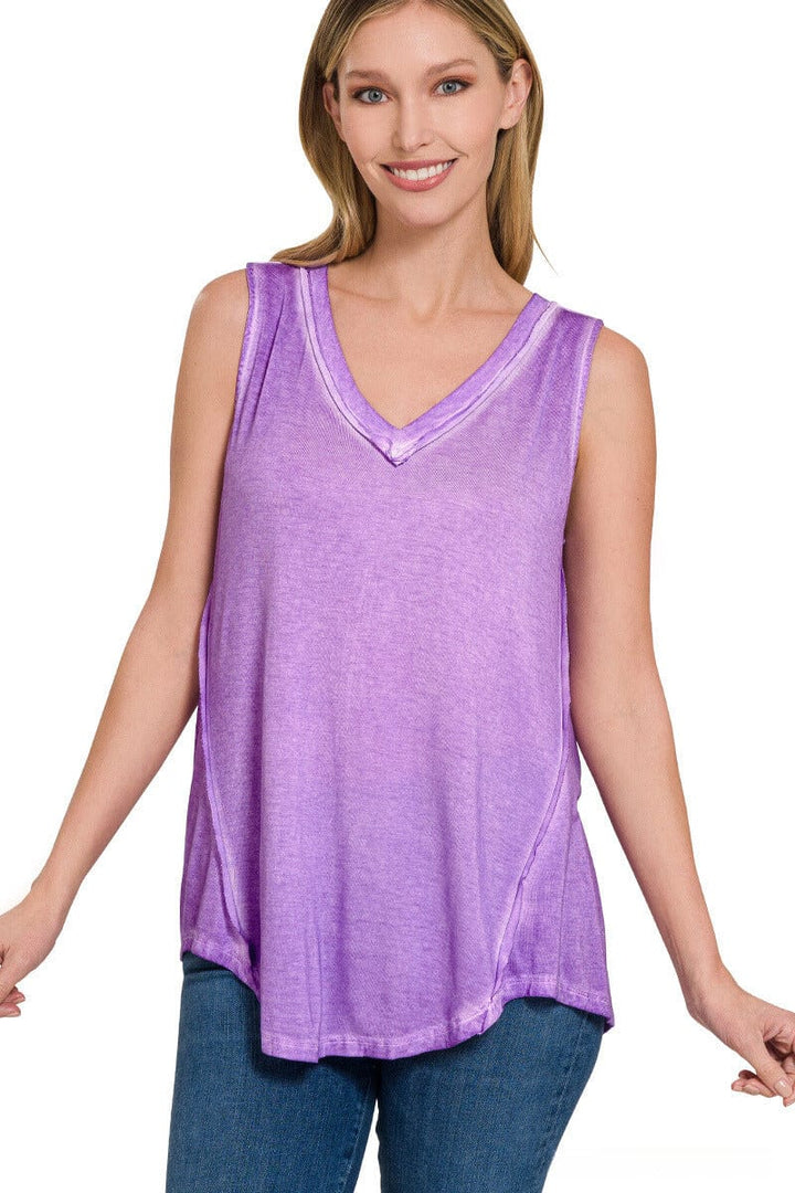 Zenana Washed Sleeveless V-Neck Top with Hi-Low Hem