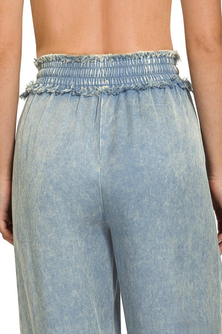 Zenana Washed Tencel Drawstring Fray Detailed Pants