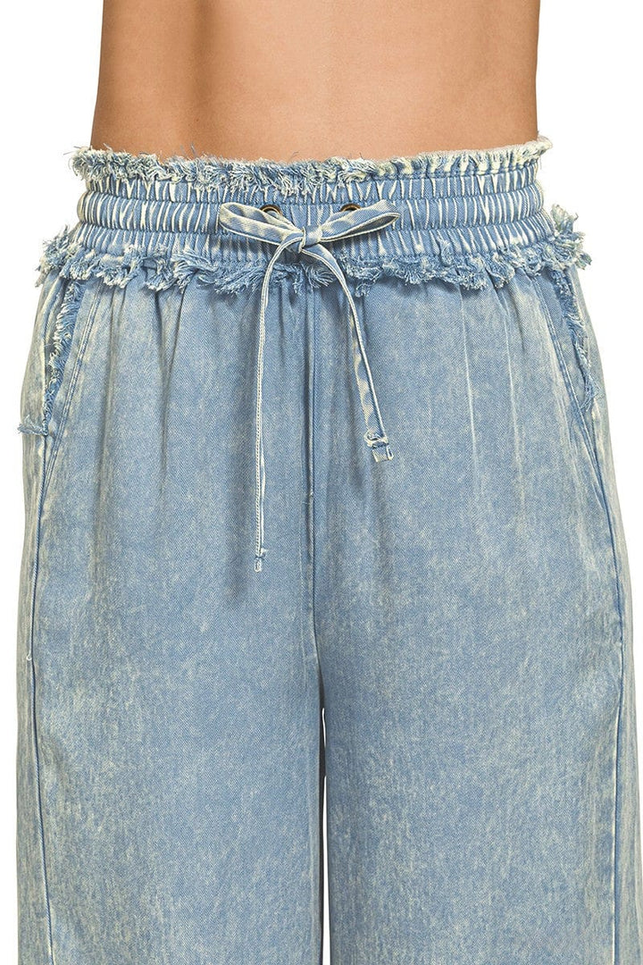 Zenana Washed Tencel Drawstring Fray Detailed Pants