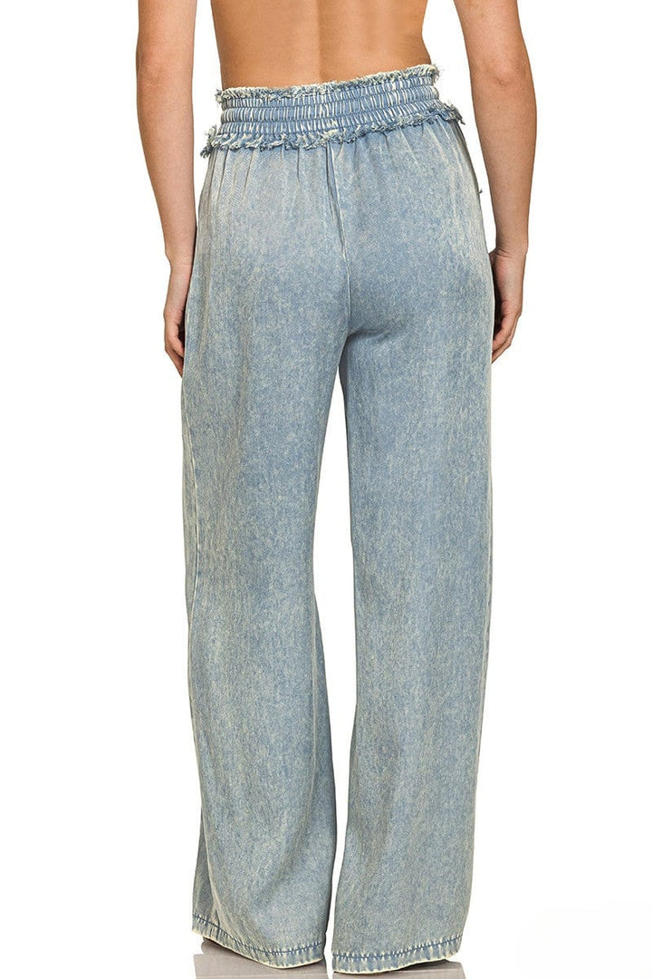 Zenana Washed Tencel Drawstring Fray Detailed Pants