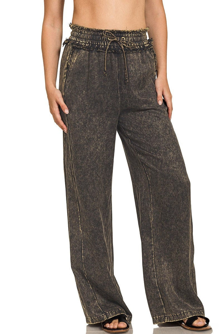 Zenana Washed Tencel Drawstring Fray Detailed Pants
