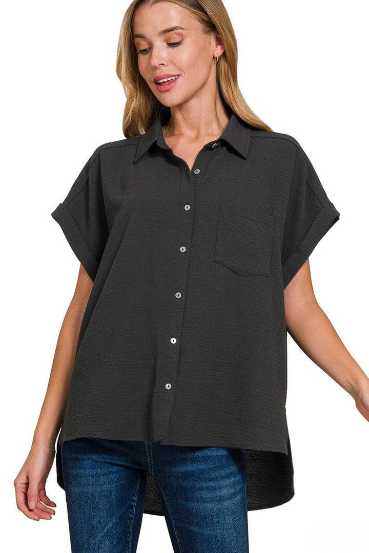 Zenana Woven Air Flow Button Down Front Pocket Cuffed Short Sleeve Shirt