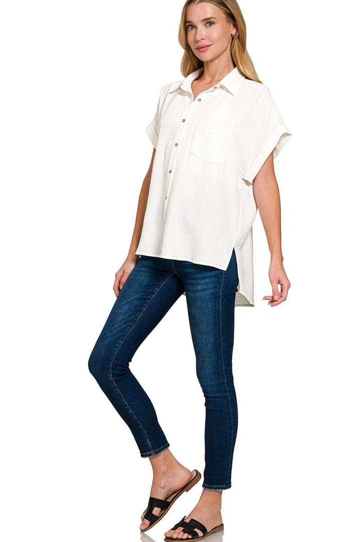 Zenana Woven Air Flow Button Down Front Pocket Cuffed Short Sleeve Shirt