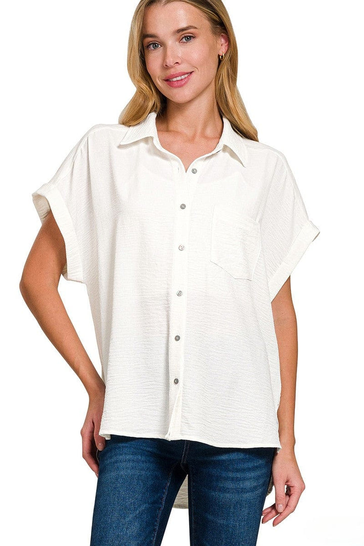 Zenana Woven Air Flow Button Down Front Pocket Cuffed Short Sleeve Shirt