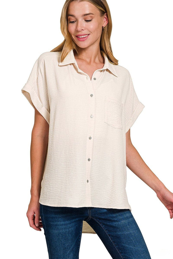 Zenana Woven Air Flow Button Down Front Pocket Cuffed Short Sleeve Shirt