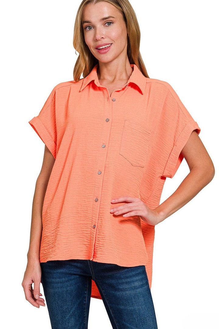 Zenana Woven Air Flow Button Down Front Pocket Cuffed Short Sleeve Shirt