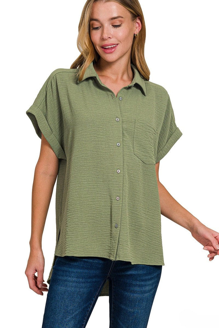 Zenana Woven Air Flow Button Down Front Pocket Cuffed Short Sleeve Shirt