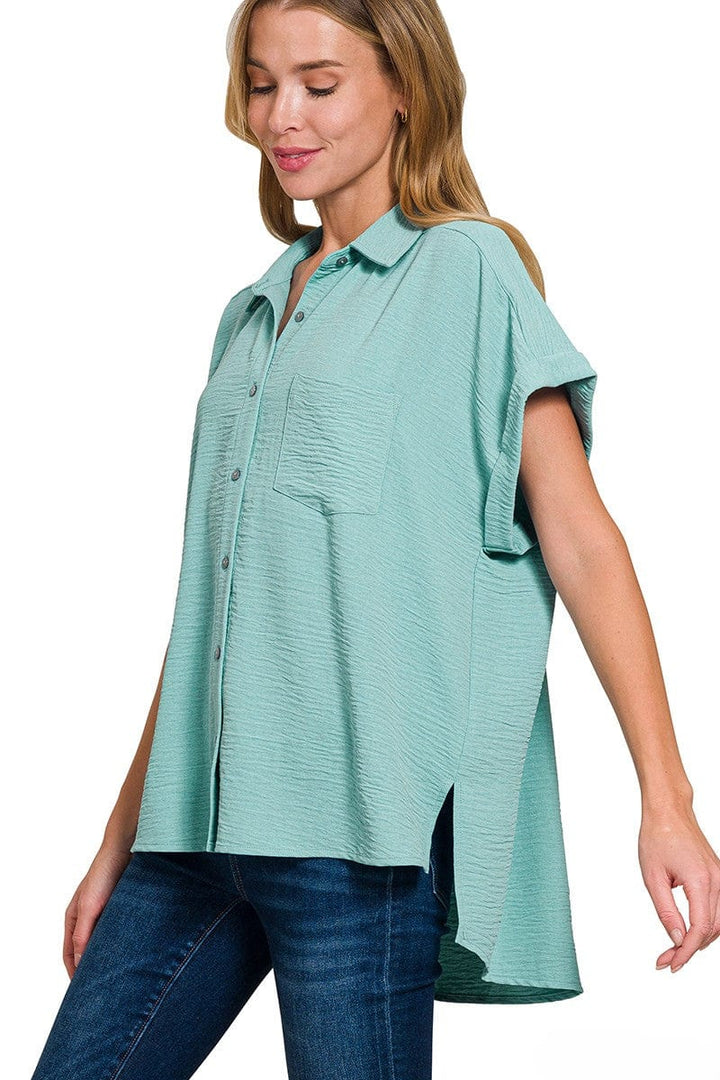 Zenana Woven Air Flow Button Down Front Pocket Cuffed Short Sleeve Shirt