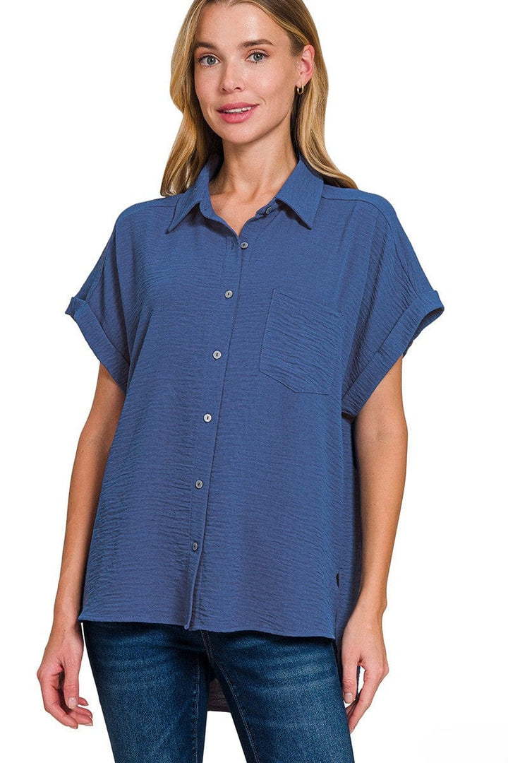 Zenana Woven Air Flow Button Down Front Pocket Cuffed Short Sleeve Shirt