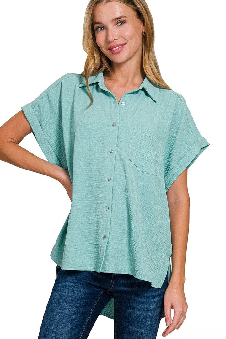 Zenana Woven Air Flow Button Down Front Pocket Cuffed Short Sleeve Shirt