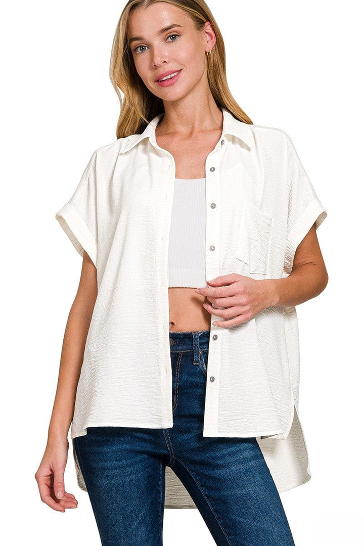 Zenana Woven Air Flow Button Down Front Pocket Cuffed Short Sleeve Shirt