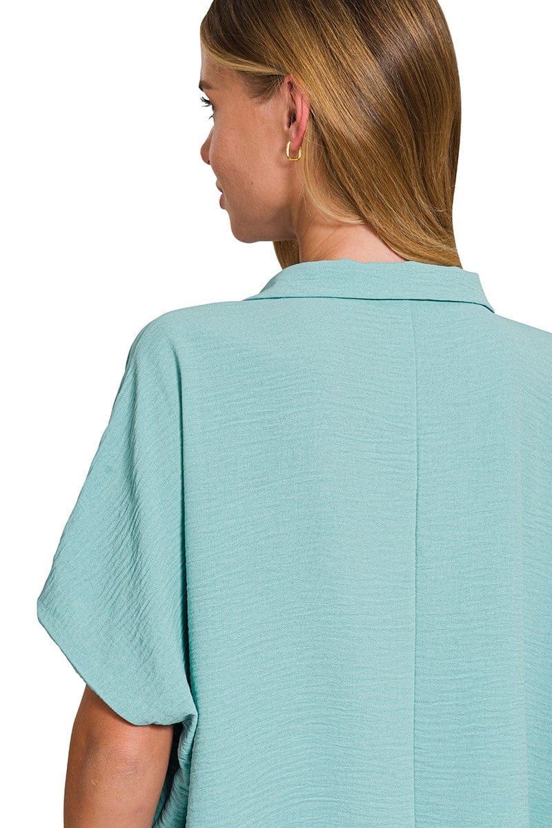 Zenana Woven Airflow Collared V-Neck Short Sleeve Flowy Top
