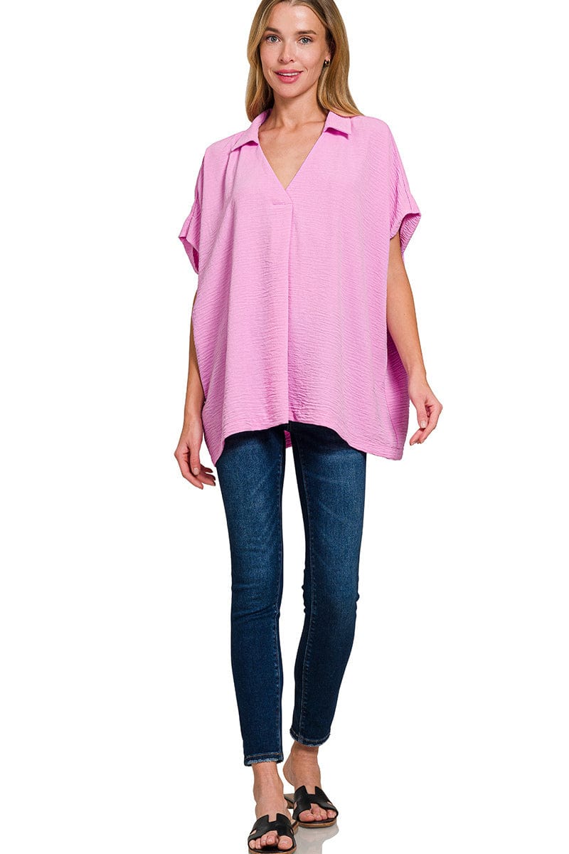 Zenana Woven Airflow Collared V-Neck Short Sleeve Flowy Top