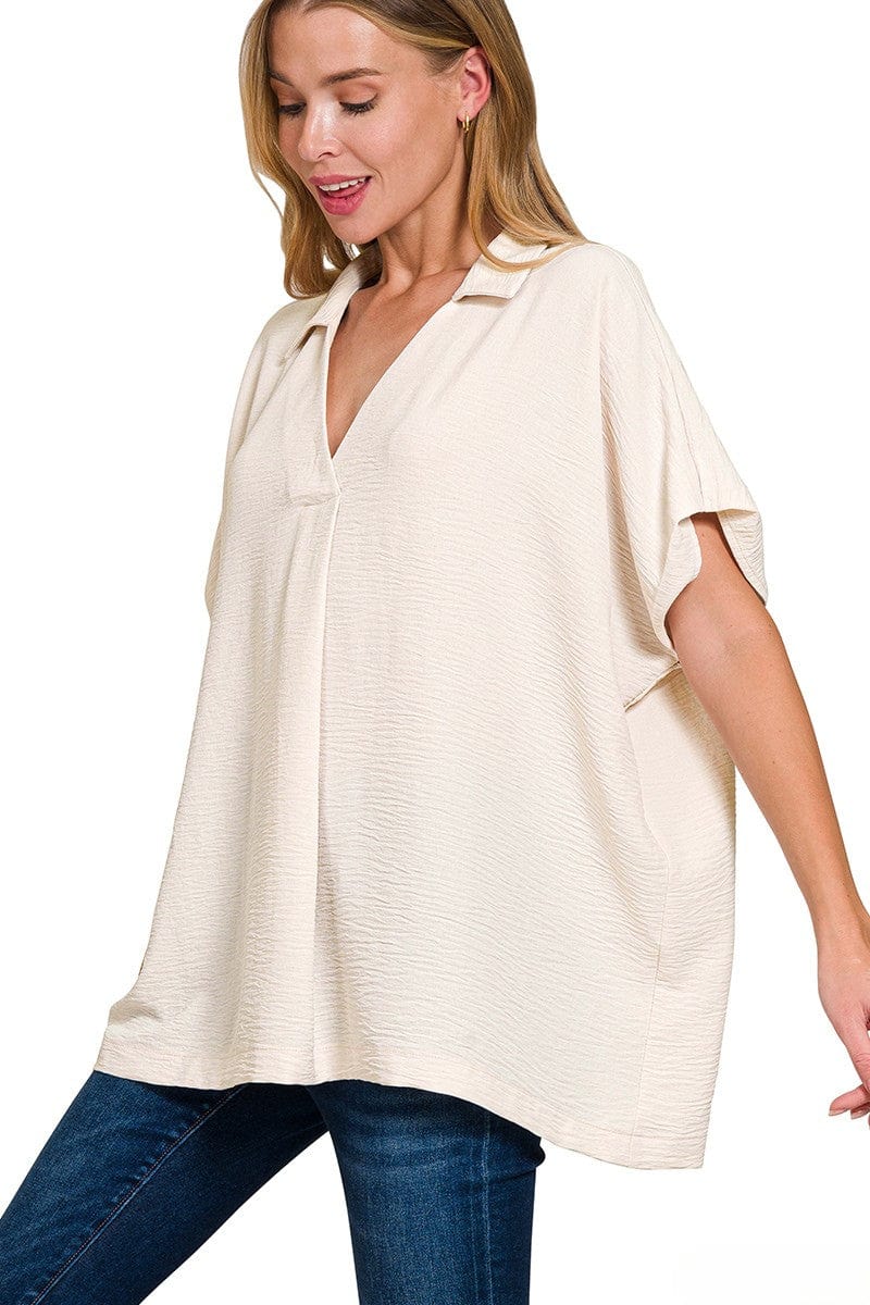 Zenana Woven Airflow Collared V-Neck Short Sleeve Flowy Top