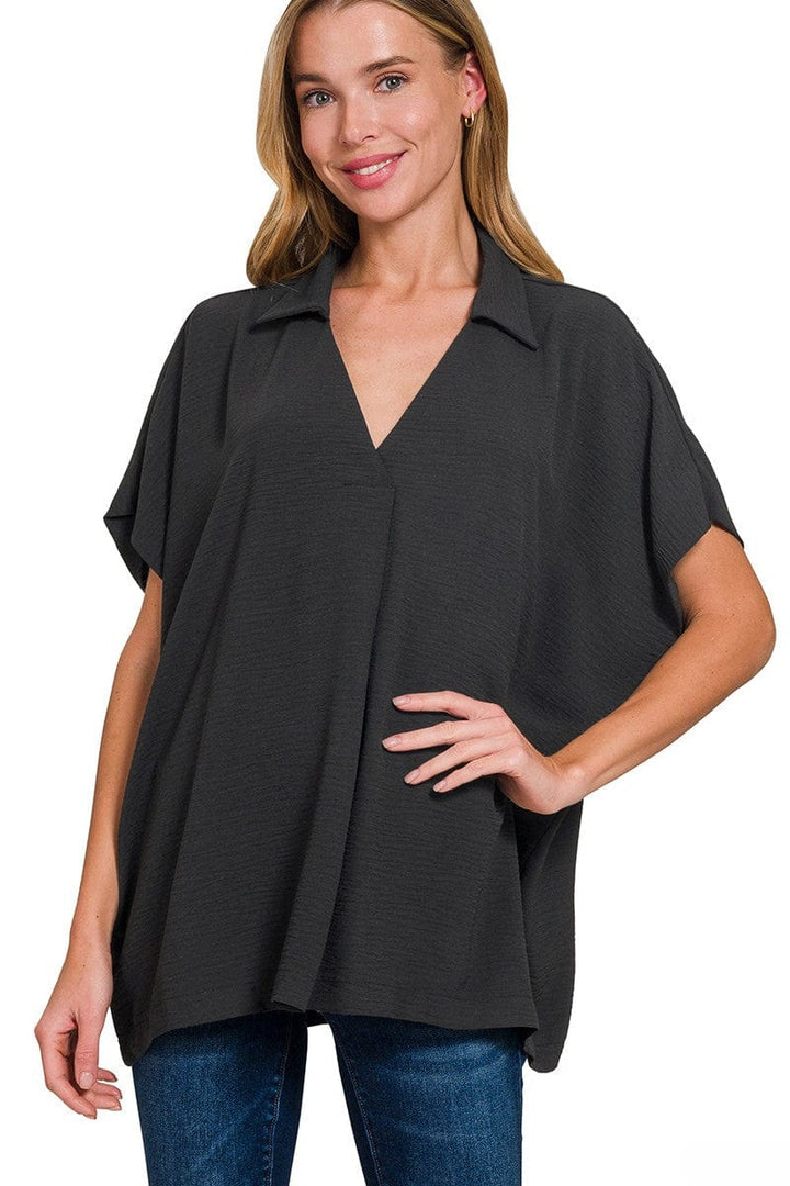 Zenana Woven Airflow Collared V-Neck Short Sleeve Flowy Top
