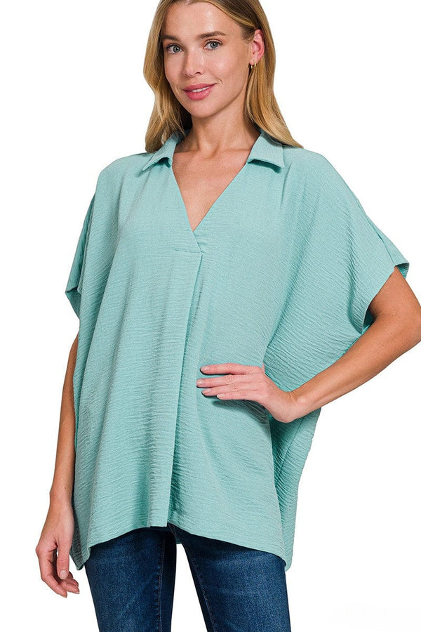Zenana Woven Airflow Collared V-Neck Short Sleeve Flowy Top