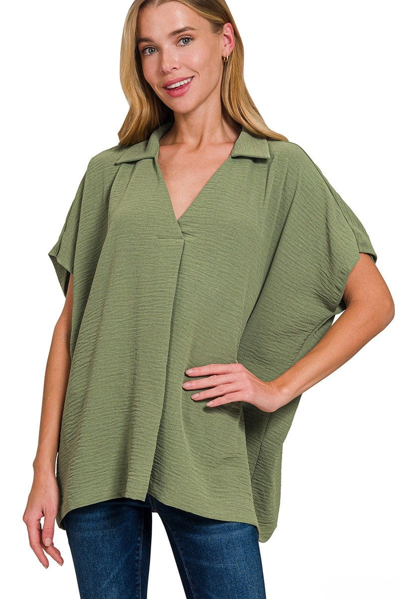 Zenana Woven Airflow Collared V-Neck Short Sleeve Flowy Top