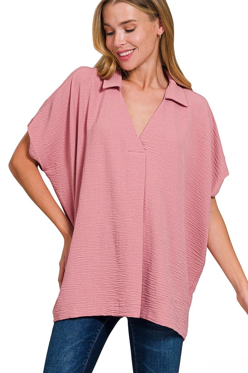 Zenana Woven Airflow Collared V-Neck Short Sleeve Flowy Top