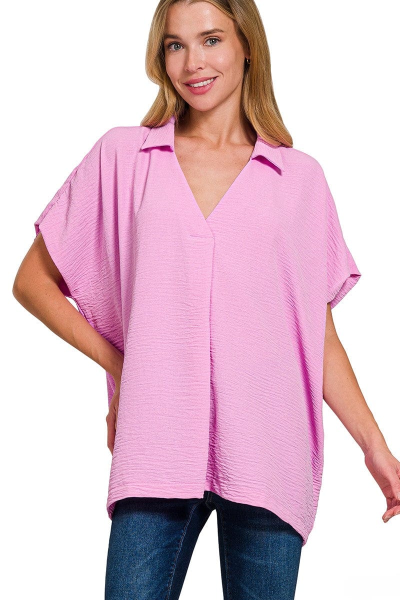 Zenana Woven Airflow Collared V-Neck Short Sleeve Flowy Top