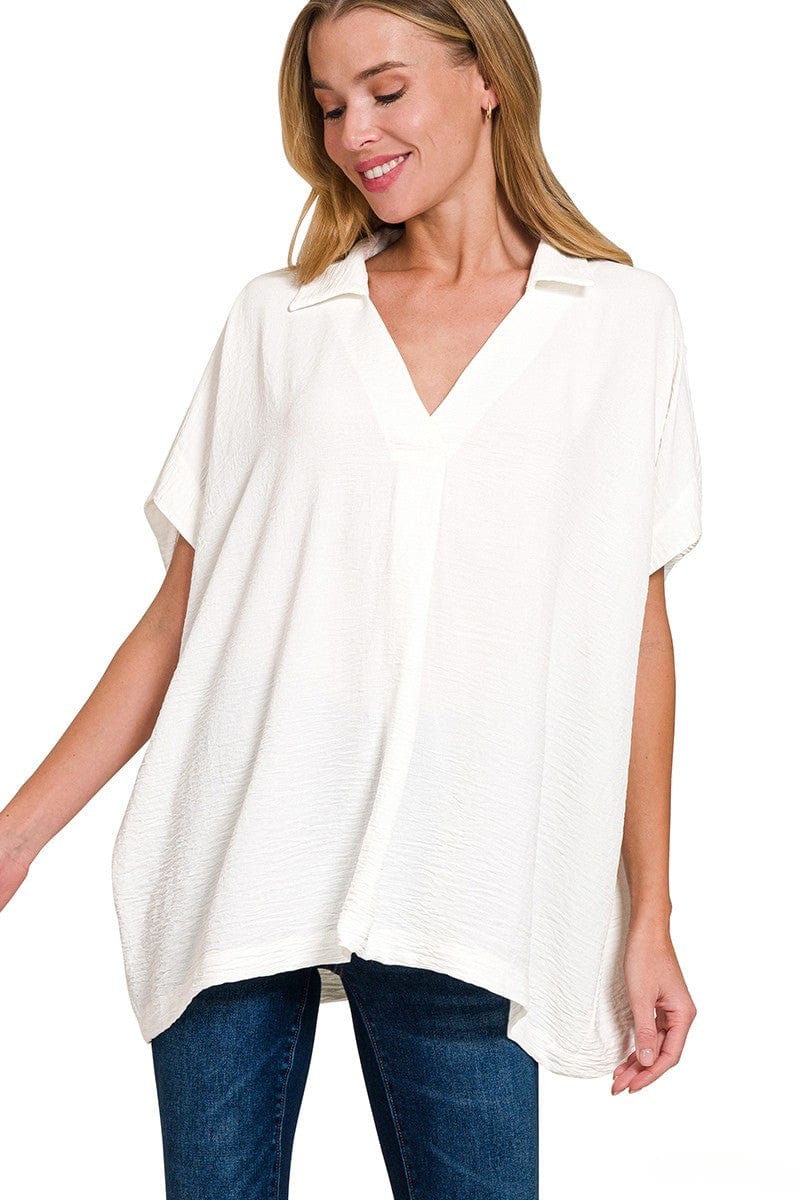 Zenana Woven Airflow Collared V-Neck Short Sleeve Flowy Top