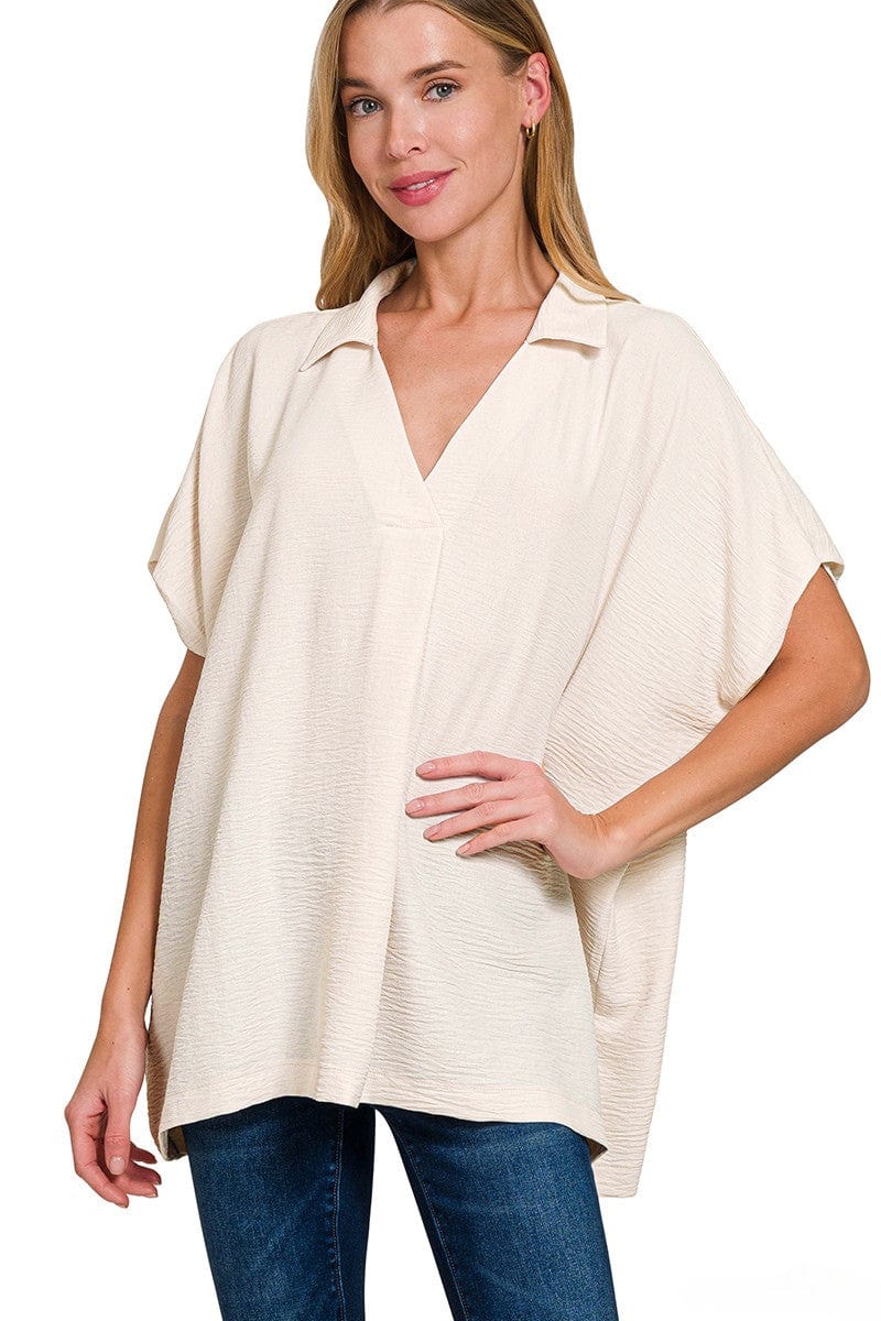 Zenana Woven Airflow Collared V-Neck Short Sleeve Flowy Top