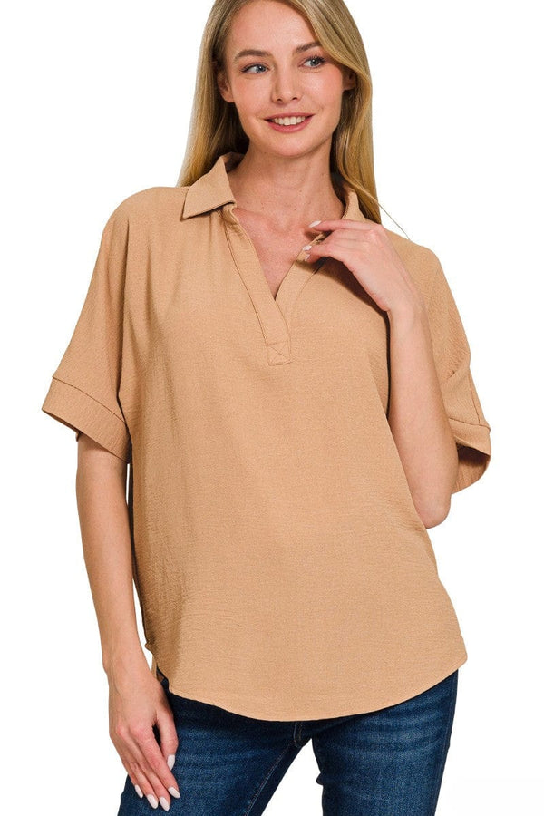 Zenana Woven Airflow Collared V-Neck Short Sleeve Top