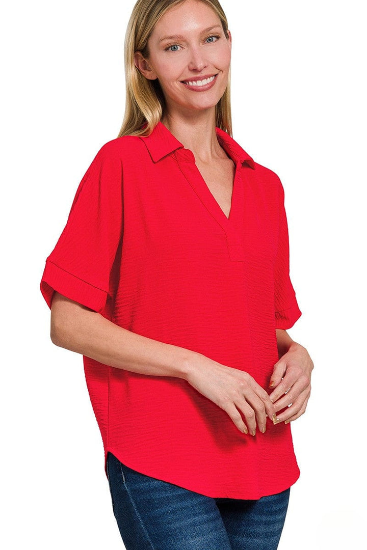 Zenana Woven Airflow Collared V-Neck Short Sleeve Top